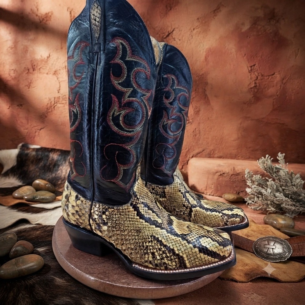 Ferrini Genuine Python Skin Western Cowboy Boots Black Leather Square Toe 6.5 B